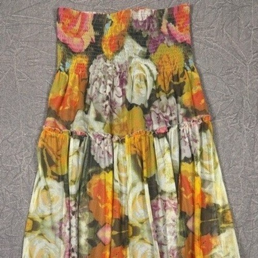 Lapis Womens Floral Mesh Tiered Asymmetrical Maxi Skirt Smocked Waist Medium - Picture 3 of 9